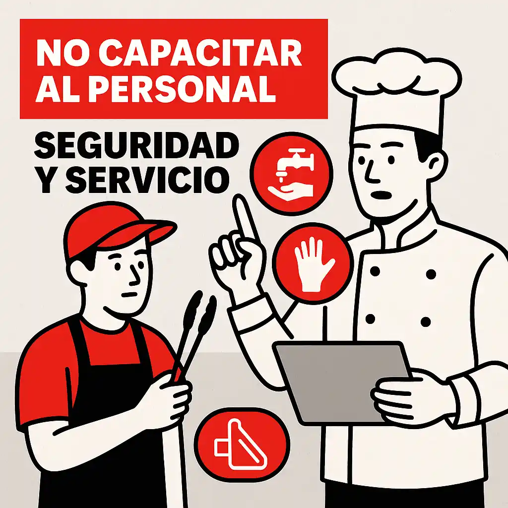 Ilustración con fondo claro mostrando a un chef capacitando a un empleado. Íconos de lavado de manos, guantes y atención al cliente. Texto: “No capacitar al personal – seguridad y servicio”.