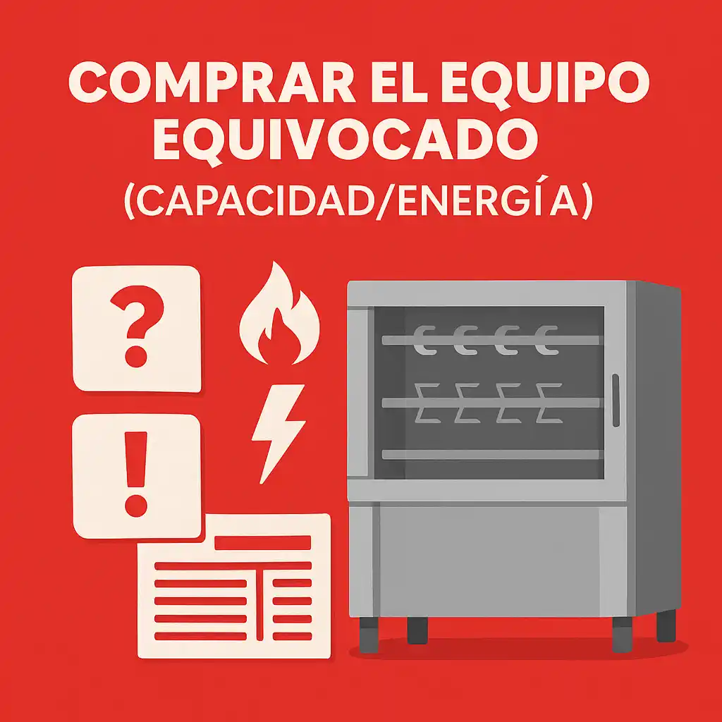 Ilustración con fondo rojo y un rosticero industrial junto a íconos de fuego, rayo, signo de pregunta y exclamación. Texto: “Comprar el equipo equivocado (capacidad/energía)”.
