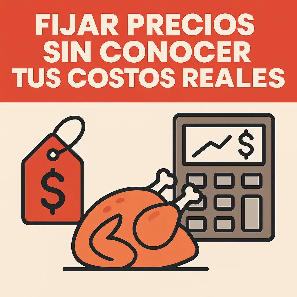 Imagen con fondo beige y título en rojo: “Fijar precios sin conocer tus costos reales”. Aparecen un pollo rostizado, una calculadora y una etiqueta de precio.