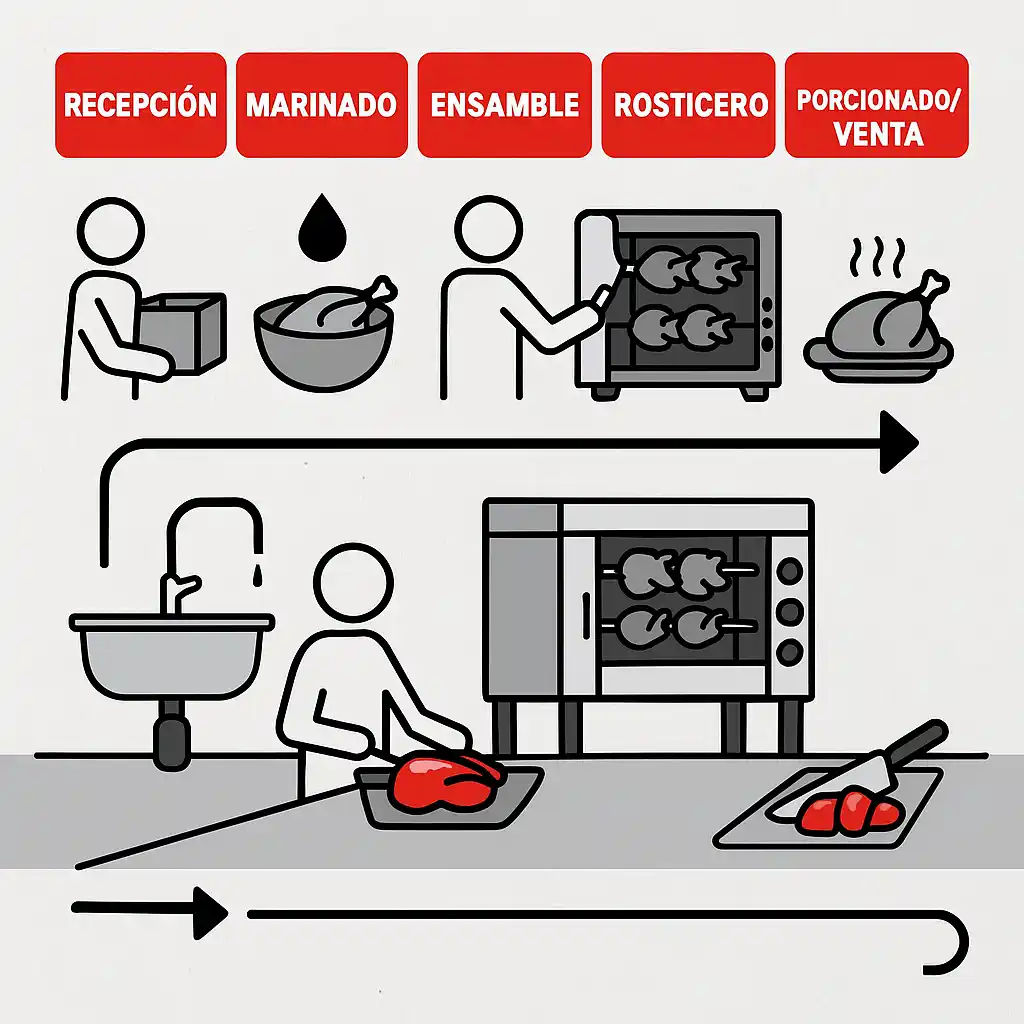 Infografía con figuras humanas y flechas mostrando el flujo de cocina: Recepción → Marinado → Ensamble → Rosticero → Porcionado/Venta. Fondo claro con detalles en rojo.