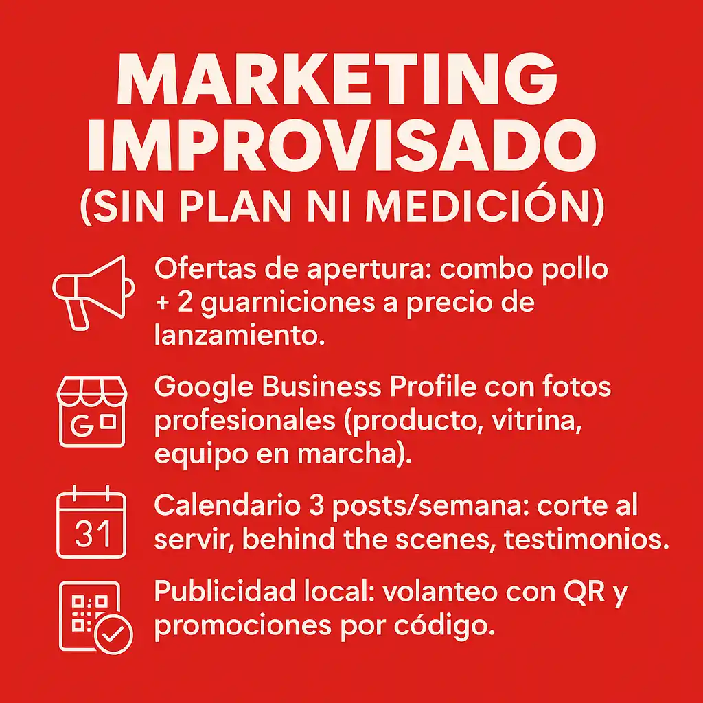 Imagen con fondo rojo y texto blanco mostrando íconos de megáfono, tienda, calendario y QR. Texto principal: “Marketing improvisado (sin plan ni medición)”.