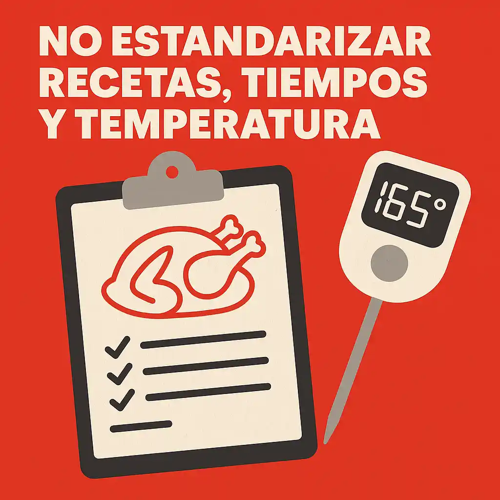 Ilustración con fondo rojo mostrando un termómetro digital y una hoja de control con dibujo de pollo rostizado. Texto: “No estandarizar recetas, tiempos y temperatura”.