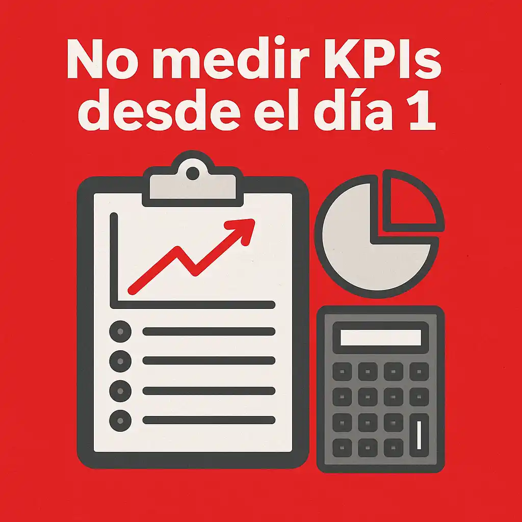 Imagen con fondo rojo mostrando una calculadora, gráfico circular y clipboard con línea ascendente. Texto: “No medir KPIs desde el día 1”.
