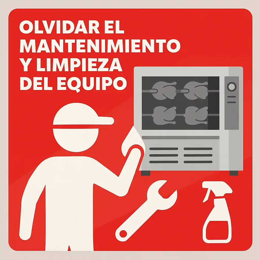 Ilustración con fondo rojo mostrando una figura limpiando un rosticero, junto a íconos de llave inglesa y atomizador. Texto: “Olvidar el mantenimiento y limpieza del equipo”.