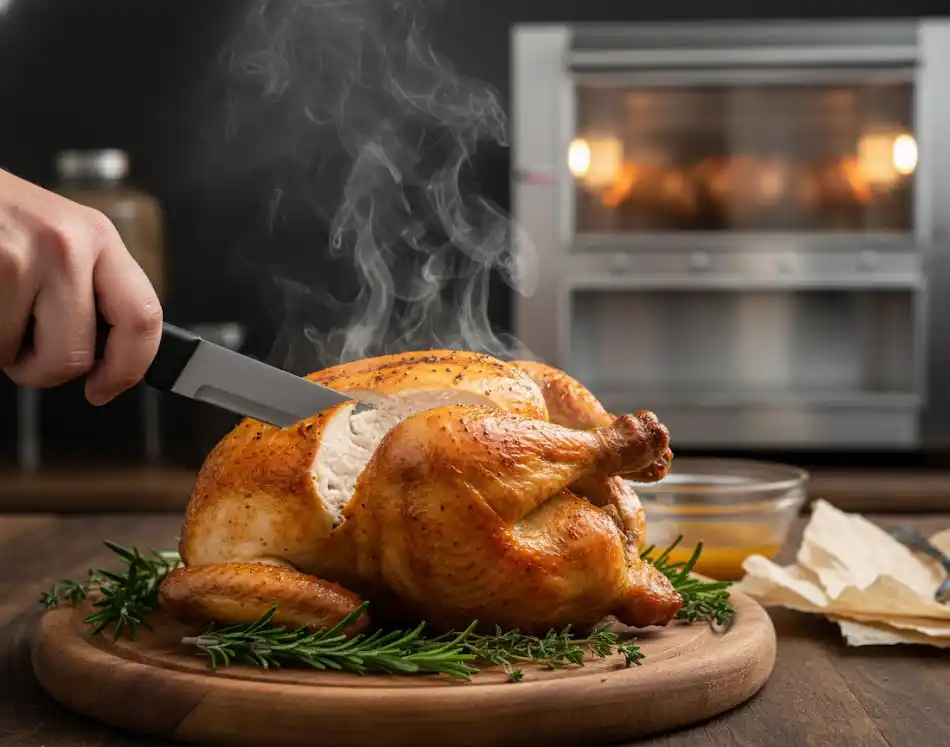 Pollo rostizado crujiente siendo cortado en tabla de madera, al fondo rosticero industrial de acero inoxidable para negocio